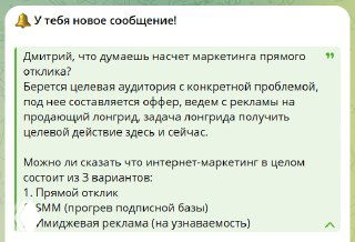 Скриншот переписки о маркетинге прямого отклика: видна форма чата с вопросом о прогреве аудитории, SMM, email и CRM.