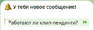 Скриншот окна мессенджера с уведомлением «У тебя новое сообщение!» и текстовым вопросом «Работают ли клип-лендинги?» в зелёной рамке.
