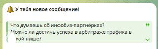 Скриншот сообщения в Telegram: вопрос об инфобизе и партнёрках, обсуждение успеха в арбитраже трафика на фоне падения ниши.