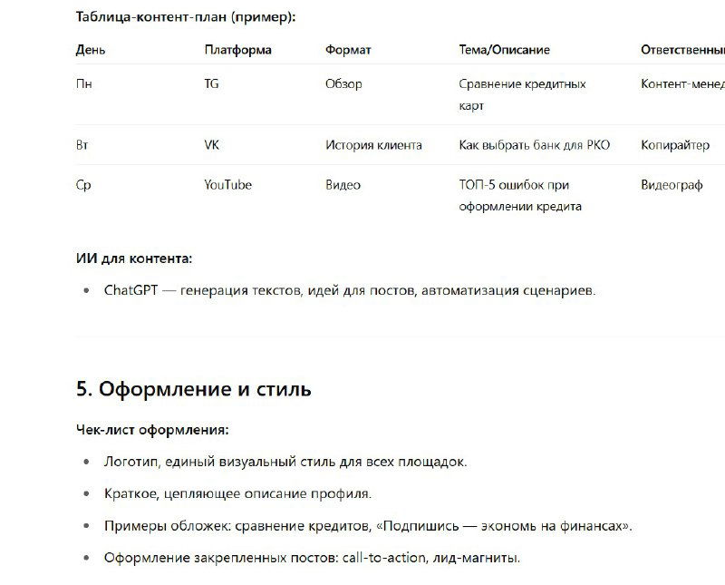 Скриншот страницы с таблицей примерного контент-плана: дни недели, форматы, темы, описание и ответственные за публикации.
