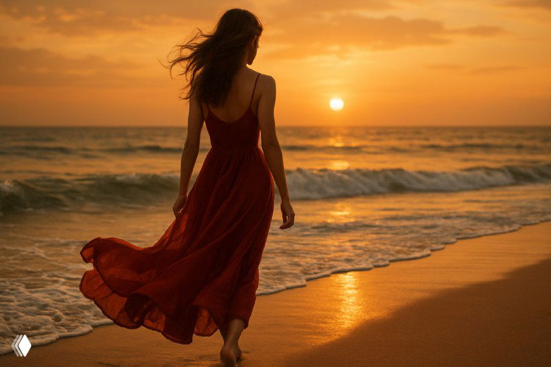 Женщина в красном платье идёт по пляжу на закате, вид сзади, ветер в волосах, тёплый золотой свет и кинематографичная атмосфера.