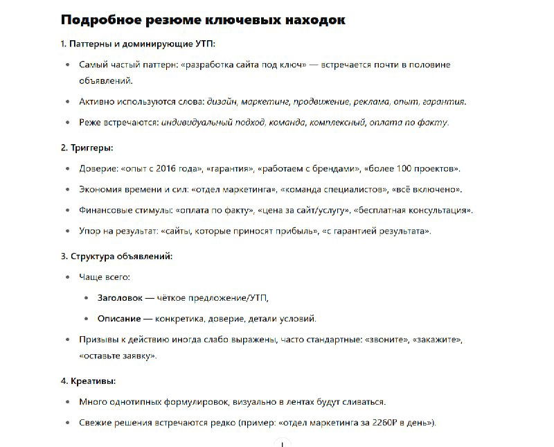 Страница отчёта с подробным резюме ключевых находок: выделены пункты по УТП, триггерам, структуре объявлений и списки рекомендаций для улучшения рекламы.