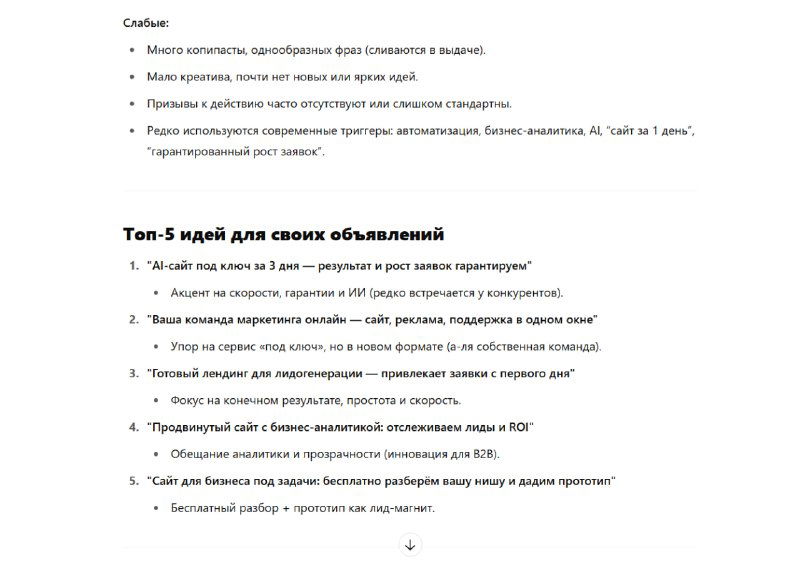 Список сильных и слабых сторон конкурентов, топ‑5 идей и примеры формулировок рекламных сообщений, виден формат списков и краткие пояснения.