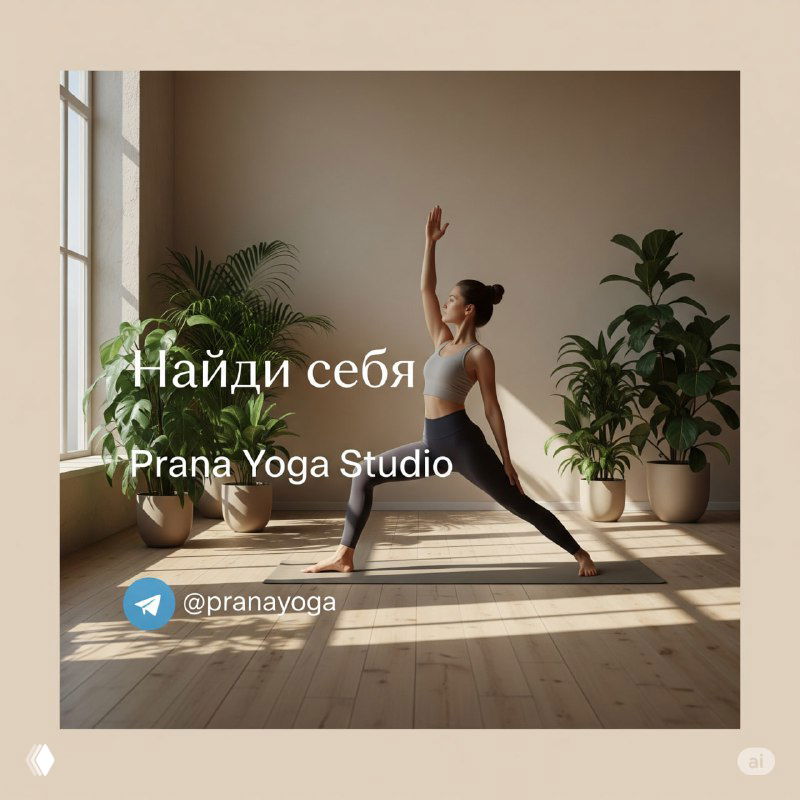 Квадратный рекламный баннер-пример для Prana Yoga Studio: динамичная поза йоги, мягкий дневной свет, интерьер с растениями, подпись и иконка Telegram.