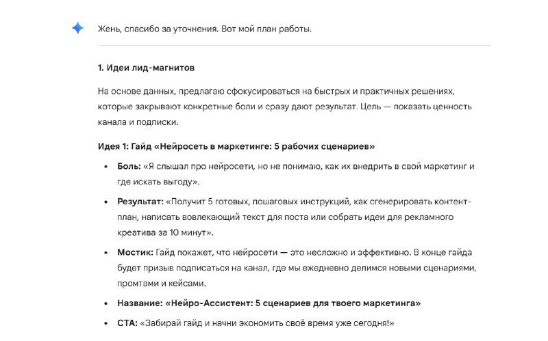 Скриншот документа с пунктами: цели, целевая аудитория и ожидаемый быстрый результат лид-магнита, фокус на сегменты и боли ЦА.