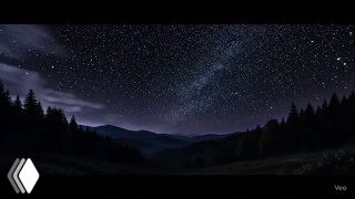 Ночной звездный пейзаж с силуэтом леса и горами на фоне, иллюстрация обложки к посту о преобразовании видео в конспект с помощью ИИ.