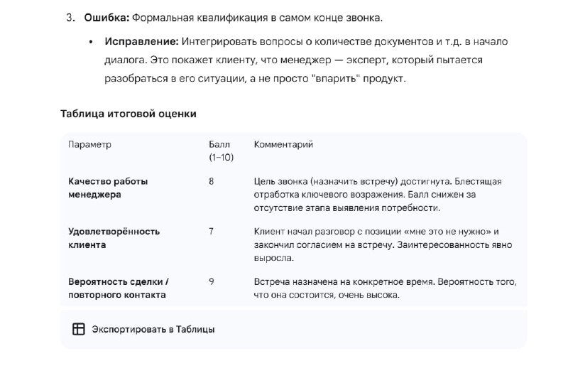 Скрин с разделом «ТОП-3 ошибки менеджера» и рекомендациями по исправлению; видна таблица итоговой оценки и поля для баллов.