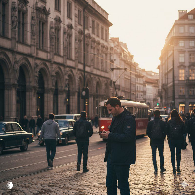 Городская сцена на брусчатке при тёплом закатном свете: прохожие, красный трамвай и длинные тени создают атмосферу улицы и глубину кадра.