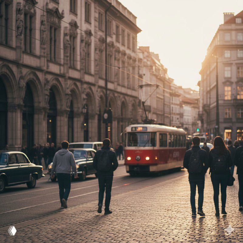Похожая городская улица с проходящими людьми и движением трамвая в центре кадра, ровное освещение и акцент на композиции и перспективах.