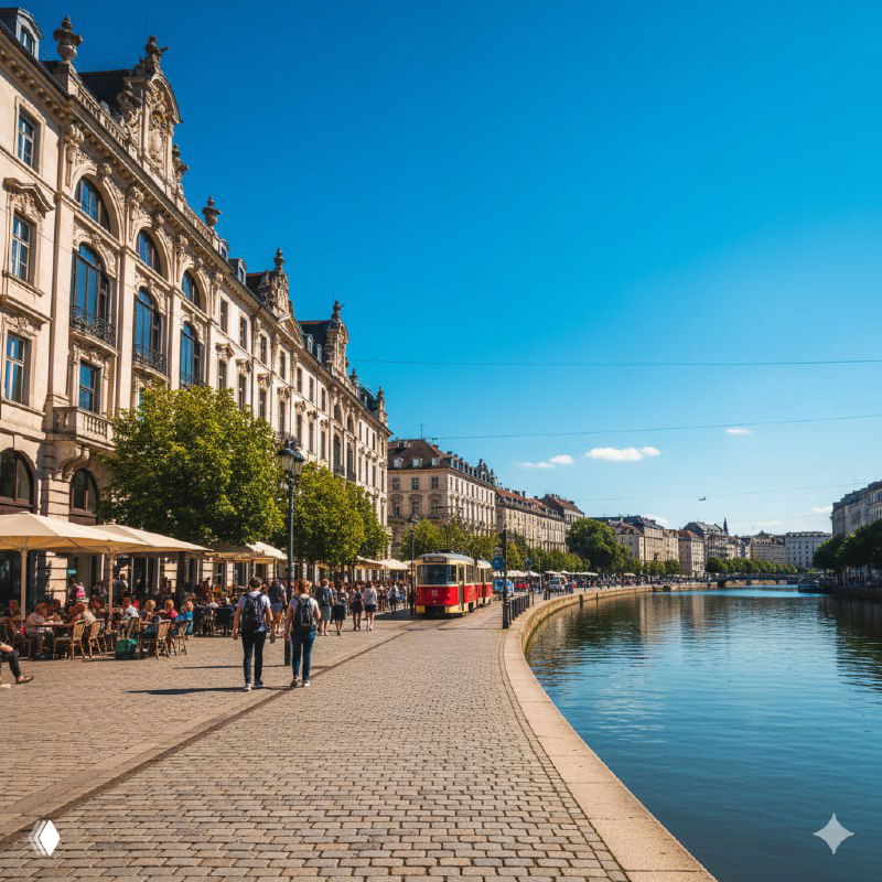 Река или канал вдоль набережной, туристы и трамвай на дальнем плане при ярком дневном небе, открытая городская атмосфера и отражения в воде.