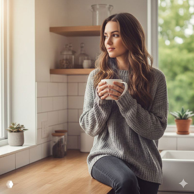 Портрет женщины в светлом свитере, сидящей у окна с чашкой в руках; мягкое дневное освещение и домашняя уютная обстановка в кадре.