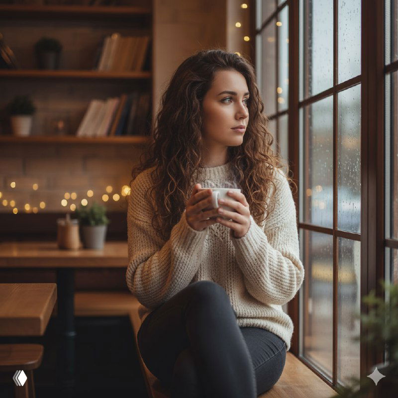 Женщина в кафе у большого окна, тёплое искусственное освещение, боке огней на заднем плане и уютная кофейная сцена для маркет-мокапов.