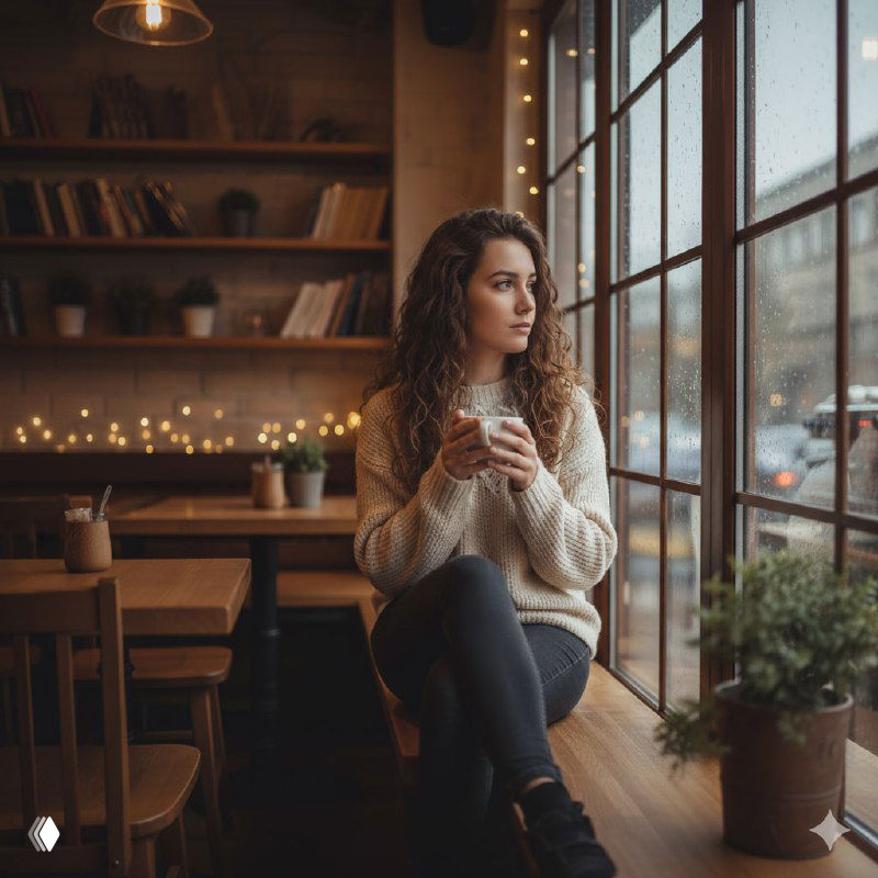 Другой ракурс той же кофейной сцены: та же женщина у окна, более тёмная атмосфера и акцент на текстурах и свете для рестайлинга кадра.