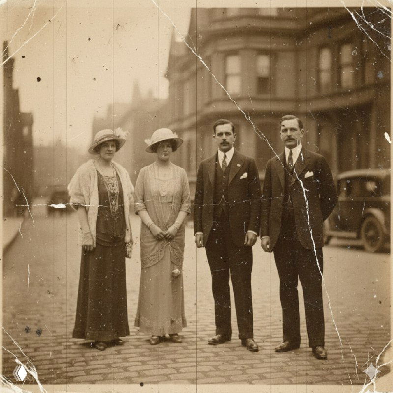 Старое чёрно-белое или сепия-фото с четырьмя человеком на улице начала XX века, видны царапины, потёртости и артефакты времени на поверхности.