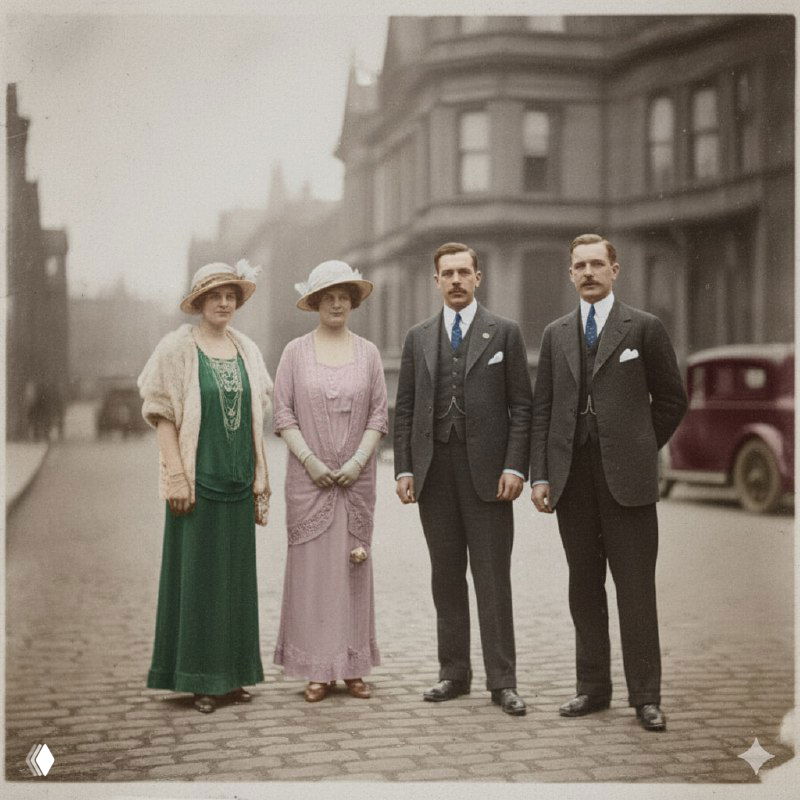 Ретушированная и раскрашенная версия старого снимка: люди в исторической одежде, чистый фон и восстановленные детали с естественной колоризацией.