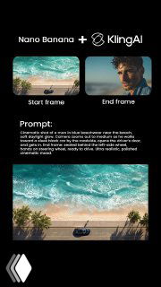 Коллаж со стартовым и финальным кадрами у океана: мужчина у открытой двери чёрного авто и кадр за рулём; демонстрация Nano Banana и KlingAI для генерации сцены