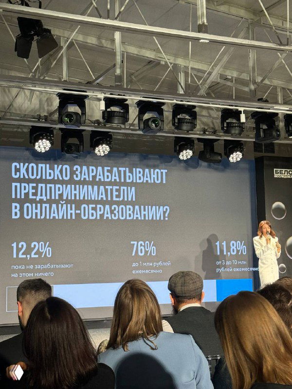 Спикер на сцене перед экраном со слайдом «Сколько зарабатывают предприниматели в онлайн‑образовании?»; зрители в зале.