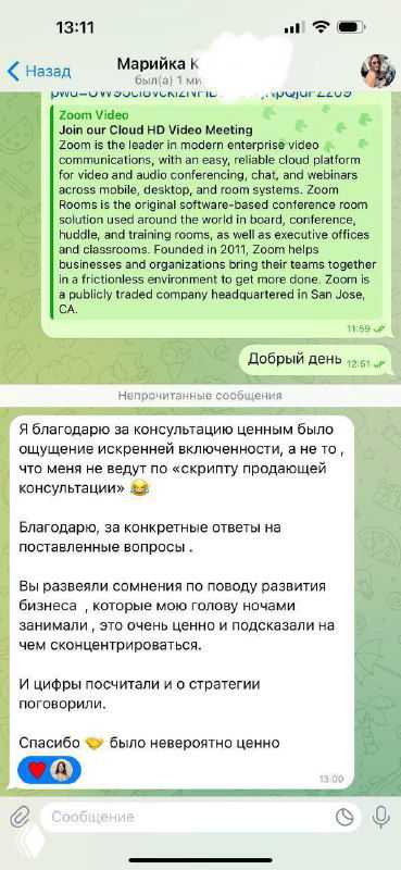 Скриншот экрана смартфона с фрагментом переписки в Telegram: зелёные и белые текстовые блоки, интерфейс мессенджера, статус-бар и время на экране.