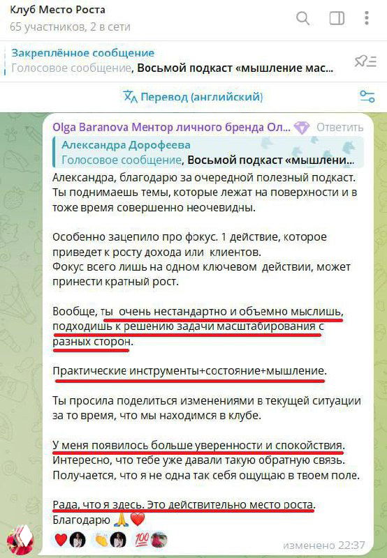 Вертикальный скриншот чата Telegram с выделенными фрагментами обсуждения о росте бизнеса, скорости команды и масштабировании проекта.