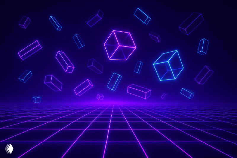 Неоновая ретровейв-иллюстрация с плавающими кубами и сеточной перспективой на синем фоне — абстрактный технологический фон к теме digital-образования и маркетинга.
