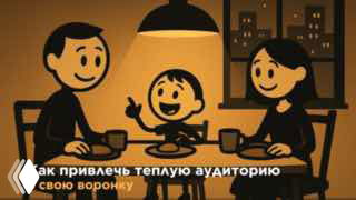 Иллюстрация — семья за столом в тёплой палитре, символизирующая тёплую аудиторию и воронку продаж; выделена подпись темы видео.