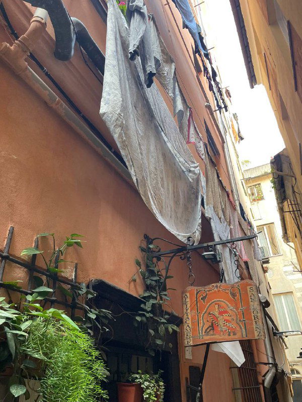 Вывеска и вход в маленькое магазинное помещение между домами, зелень и тканевые навесы создают атмосферу местного квартала.