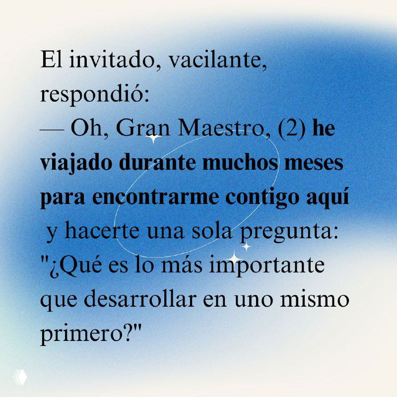Слайд с продолжением рассказа: фраза «he viajado durante muchos meses» выделена как пример pretérito perfecto в контексте встречи с мастером.