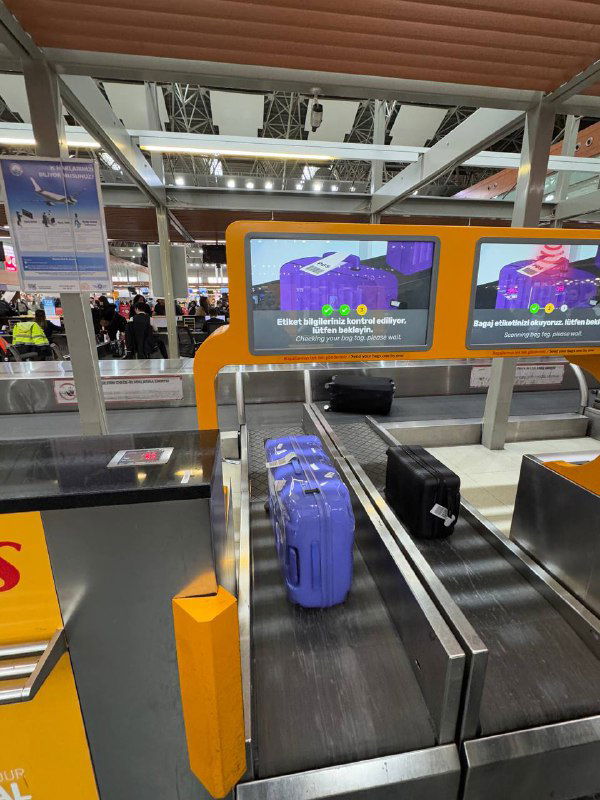 Чемоданы двигаются по багажной ленте рядом с пунктом сдачи багажа: фиолетовый и черный чемоданы на конвейере.