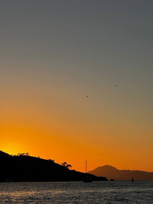 Закат над бухтой с силуэтом горы и лодок на воде: оранжево-жёлтое небо, спокойная морская гладь и удаляющиеся яхты.