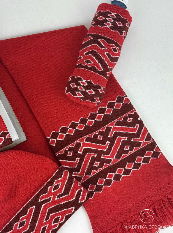 Шарф и чехол в одном комплекте: повторяющийся геометрический узор по всей длине шарфа, видна аккуратная бахрома.