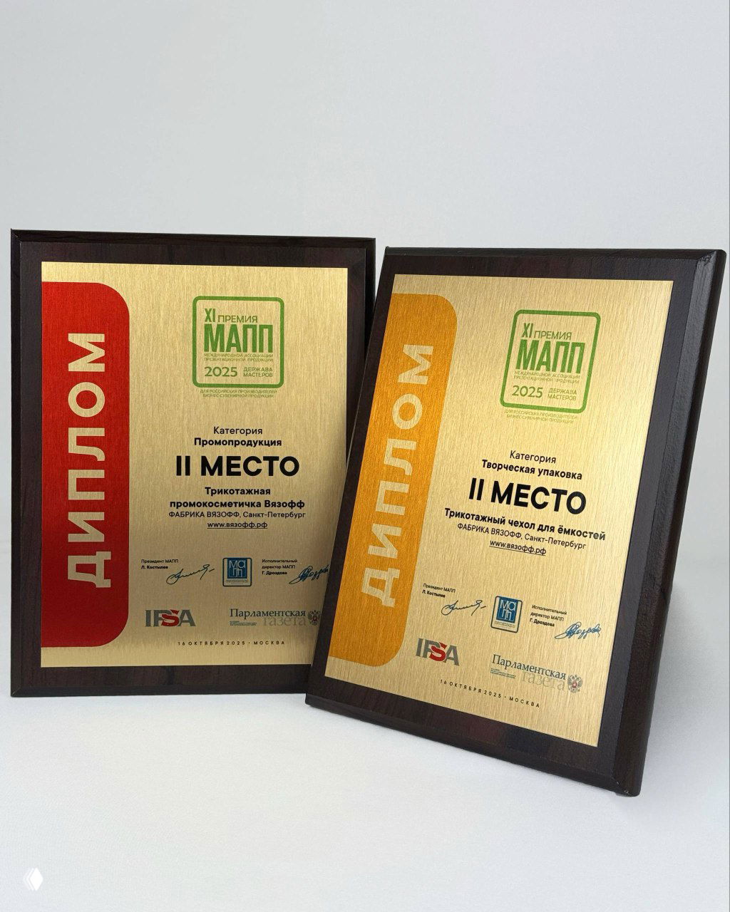 Два диплома в тёмных рамах с золотыми пластинами Премии МАПП 2025, указано II место; награды компании Фабрика ВЯЗОФФ на светлом фоне.