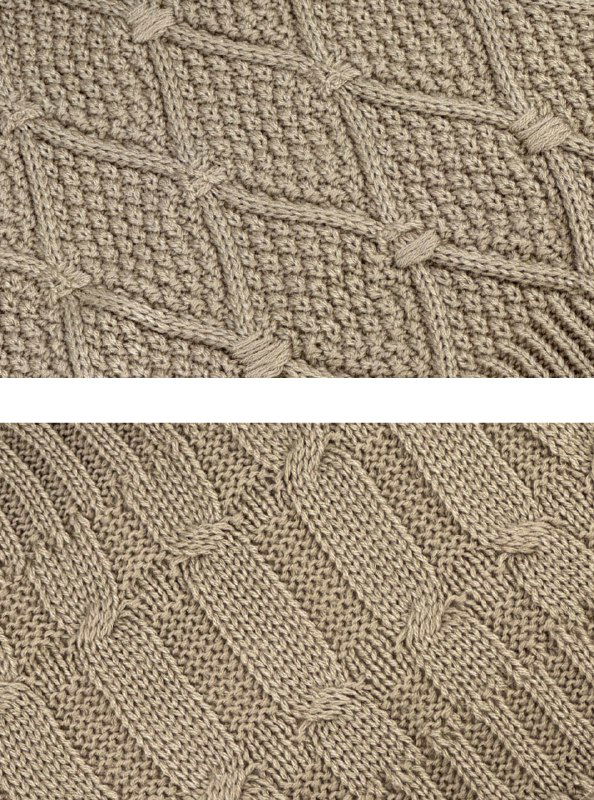 Детальное фото вязаного образца с ромбовидным и диагональным узором: мелкая текстура пряжи и аккуратные соединения мотивов.