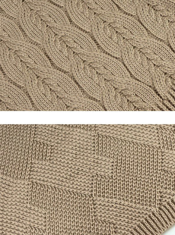 Фрагмент вязаного полотна с шахматным и рельефным мотивом, чёткая структура петель и отделка края — пример сочетания техник.