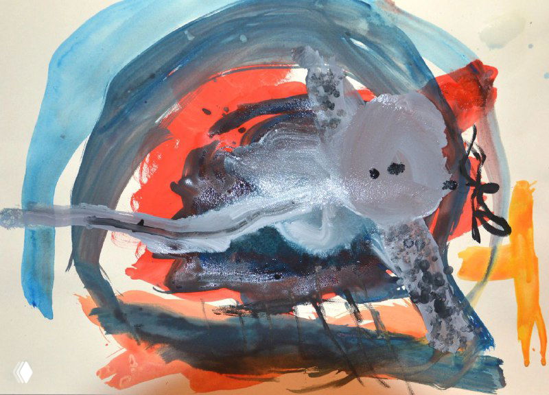 Круговые динамичные мазки краской, смешение цветов и пальчиковые элементы; абстрактная композиция, ближний план.