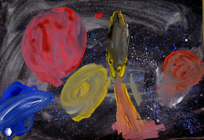 Ночная космическая тема в детской работе: тёмный фон, цветные круглые объекты и яркие контрастные кистевые пятна.