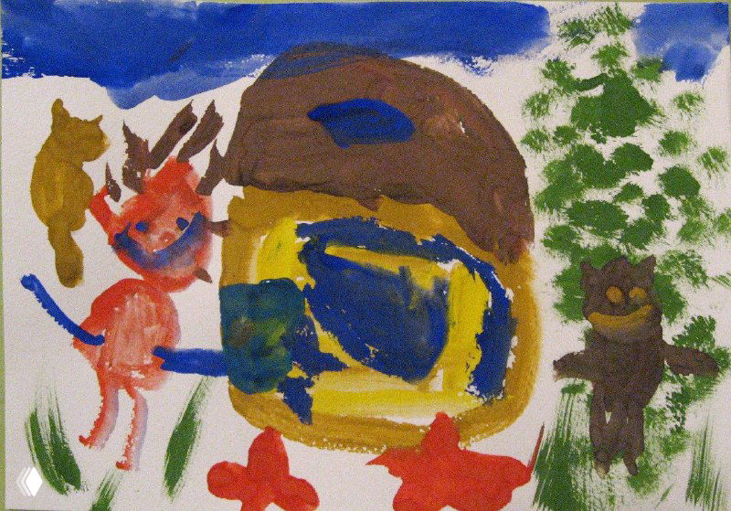 Детский сюжет с персонажами и домиком: простые формы, насыщенные краски и свободная манера, характерная для трёхлеток.