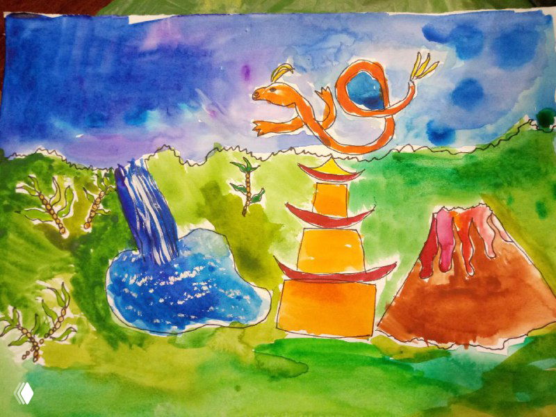 Акварельный пейзаж с пагодой, водопадом и горой в условной манере: мягкие переходы цвета и детская передача формы дракона в небе.