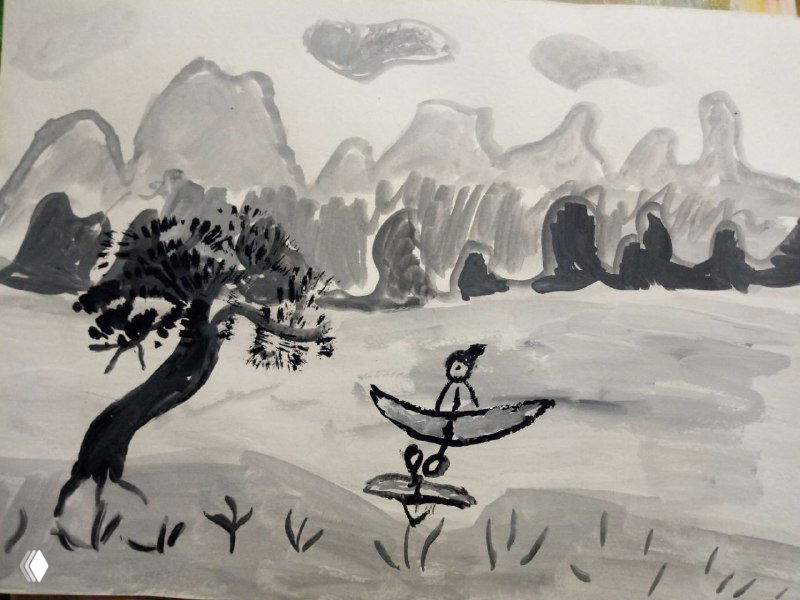 Монохромная тушёвая или акварельная композиция с лодкой, деревом и горами на заднем плане, выполненная в упрощённой манере для знакомства с китайской живописью.