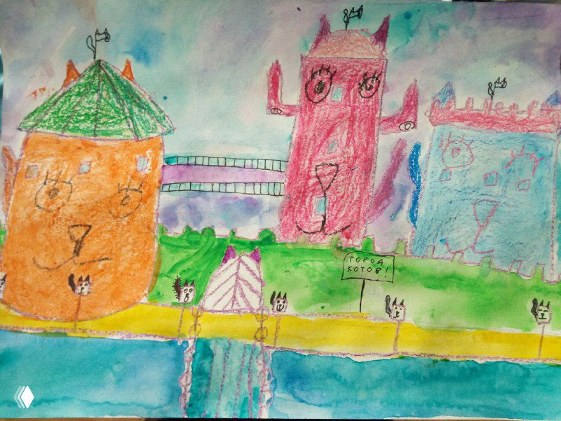 Яркая детская работа с рыцарскими башнями и мостом, разноцветные мазки создают сказочную композицию вокруг крепости.