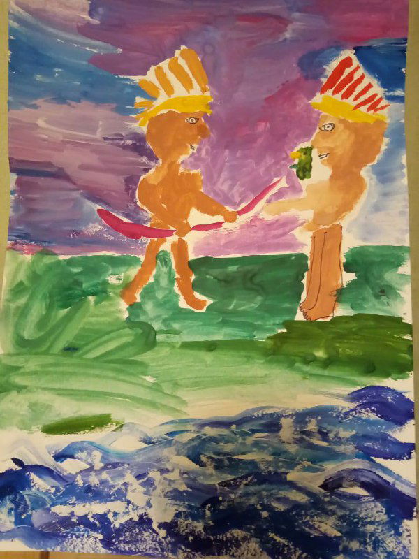 Детская картина: две фигуры в ярких головных уборах на фоне моря и неба, сценка из темы «открытие Америки» выполнена гуашью.