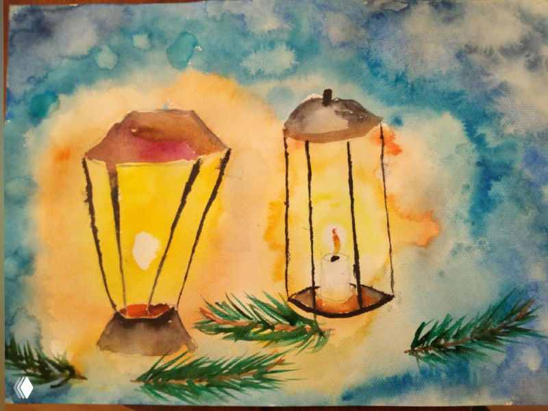 Акварельная работа с двумя фонарями и еловой веткой, мягкие ореолы света и растёкшиеся контуры, пример детской композиции.