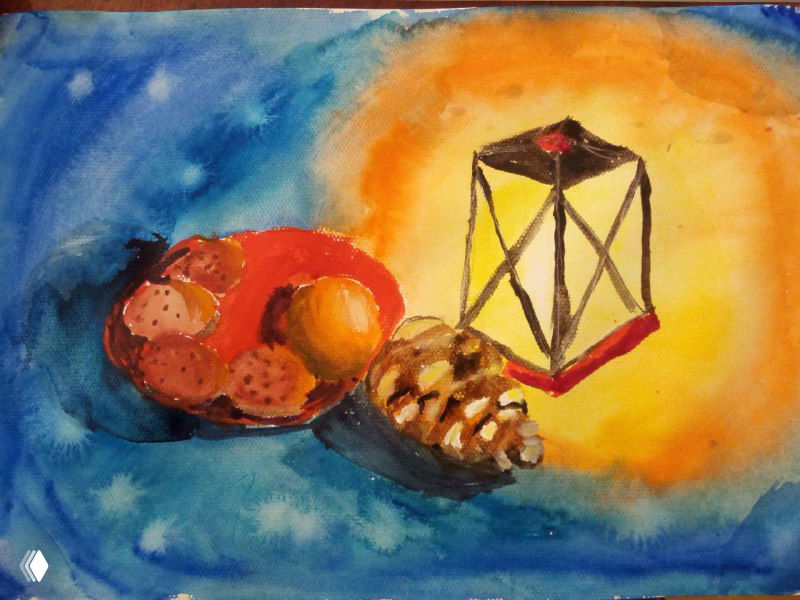 Композиция с продуктами и фонарём, тёплые и холодные пятна краски, демонстрация смешения и растекания в учебной работе детей.