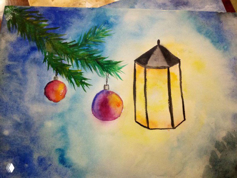 Ещё одна детская акварель с ёлочными шарами и фонарём, плавные переходы синего фона и растекающиеся акварельные пятна, учебный пример.