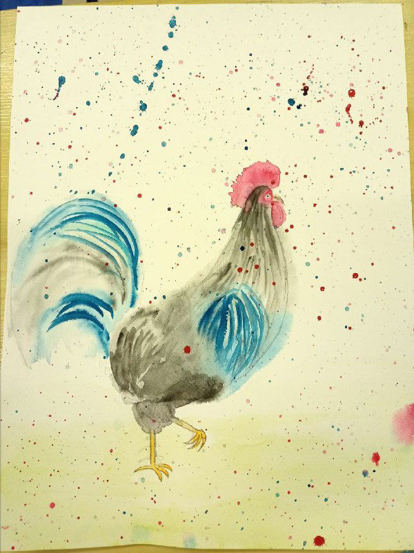 Нежный акварельный петух с голубым хвостом и розовой гребёнкой, выполнен свободной кистью на полухлопковой бумаге.