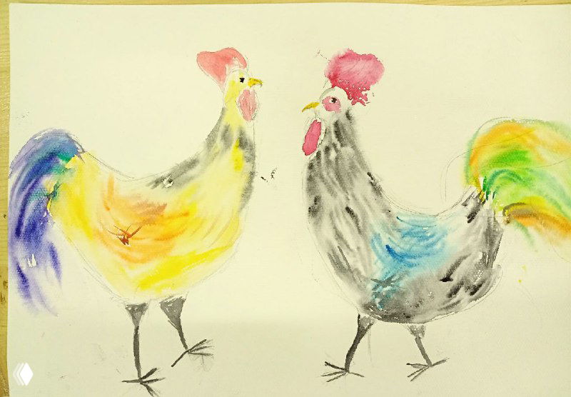 Два простых силуэта петухов, выполненные детьми в акварели на полухлопковой бумаге — упражнение на пропорции и позу.