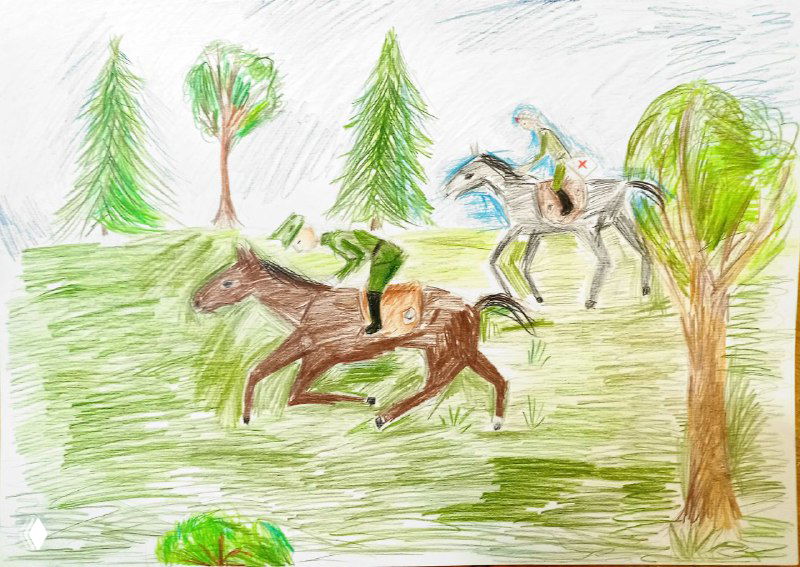 Карандашный рисунок скачущих лошадей с наездниками в пейзаже, детская попытка передать движение и перспективу на уроке живописи.