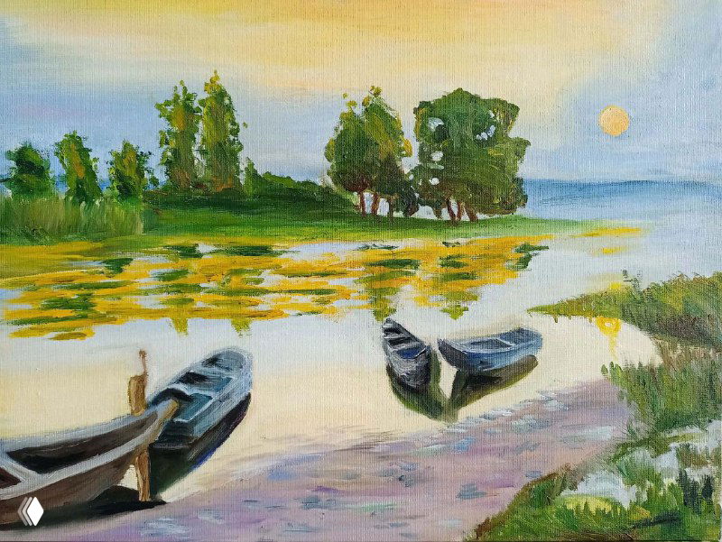 Картина ученика с лодками на мелководье у берега: тёплая палитра, мягкое освещение и простая, но выразительная студенческая фактура мазков.
