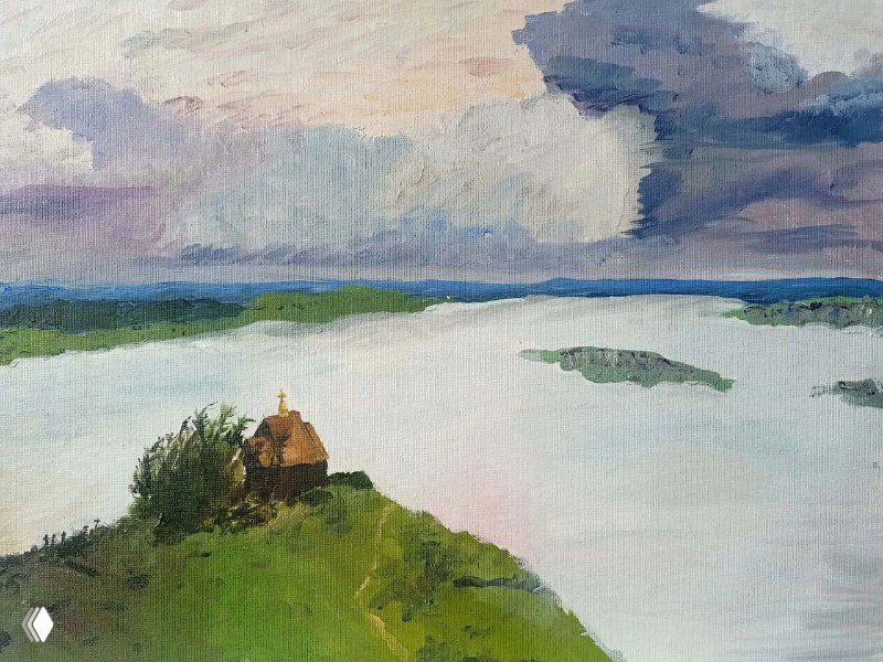 Пейзаж с домиком на холме и туманной долиной, выполненный учеником; видны многослойные мазки, мягкая передача атмосферы и упрощённая перспектива.