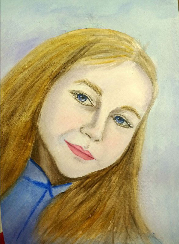 Портрет девушки, выполненный учеником 10–13 лет; светлая кожа с розовыми и холодными вкраплениями, видно смешение белил и охры для подсветки лица.