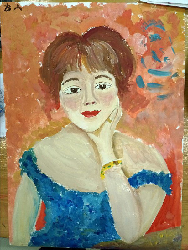 Портрет в тёплой цветовой гамме, работа ученика 10–13 лет: на лице видны розоватые румяна и тонкие переходы между белилами и охрой для объёма.